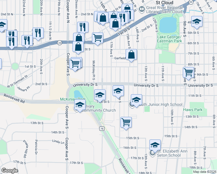 map of restaurants, bars, coffee shops, grocery stores, and more near 1009 17th Avenue South in St. Cloud