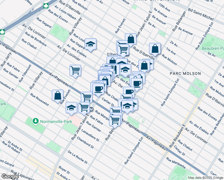 map of restaurants, bars, coffee shops, grocery stores, and more near 7100 Rue de Bordeaux in Montreal