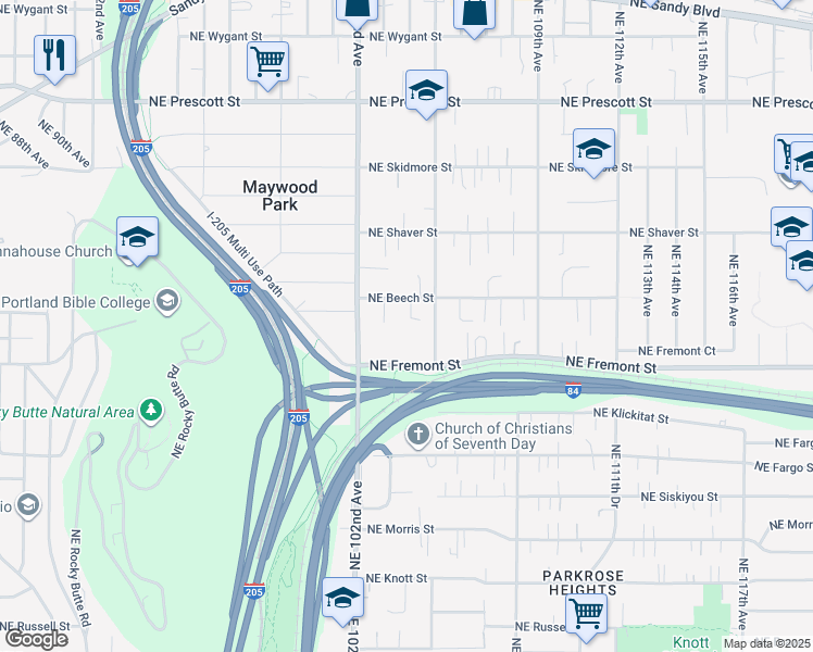 map of restaurants, bars, coffee shops, grocery stores, and more near 10350 Northeast Beech Street in Portland