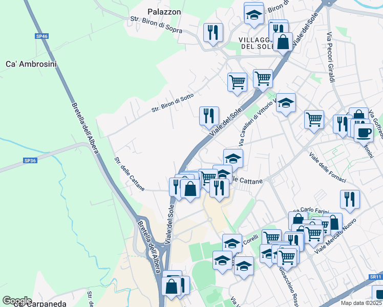 map of restaurants, bars, coffee shops, grocery stores, and more near 811 Viale del Sole in Vicenza