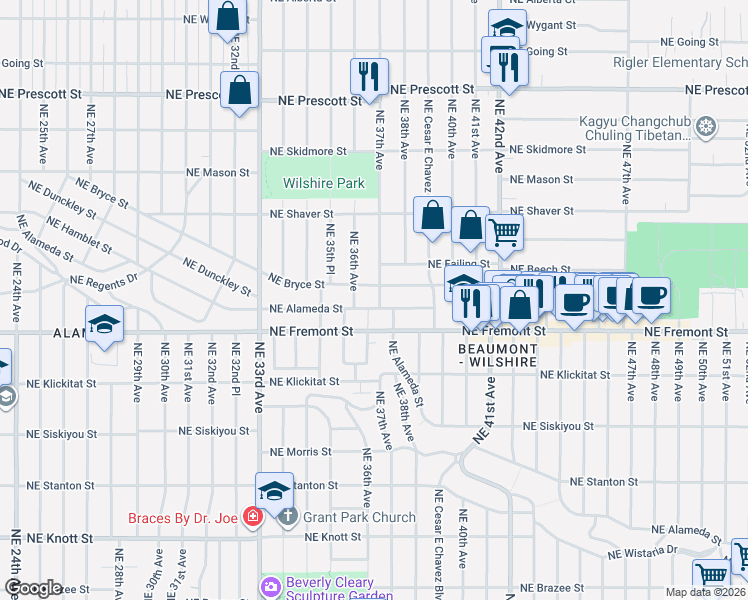 map of restaurants, bars, coffee shops, grocery stores, and more near 3573 Northeast Alameda Street in Portland