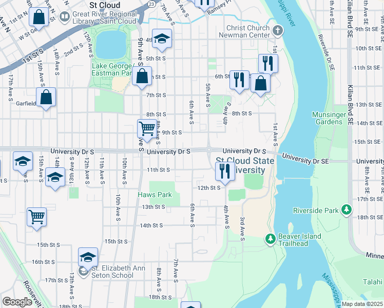 map of restaurants, bars, coffee shops, grocery stores, and more near 1020 6th Avenue South in Saint Cloud