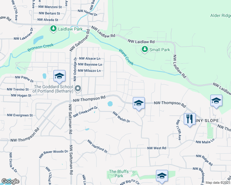 map of restaurants, bars, coffee shops, grocery stores, and more near 12396 Northwest Millford Street in Portland