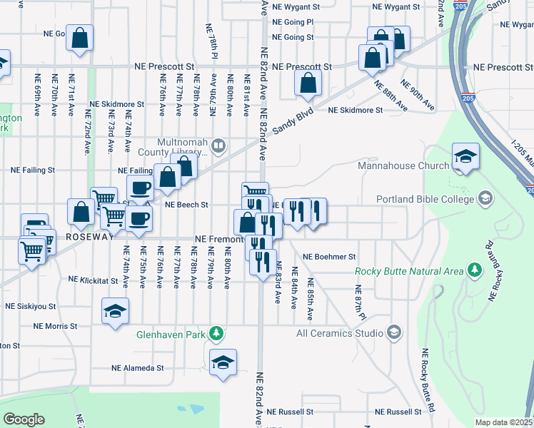 map of restaurants, bars, coffee shops, grocery stores, and more near 3620 Northeast 82nd Avenue in Portland