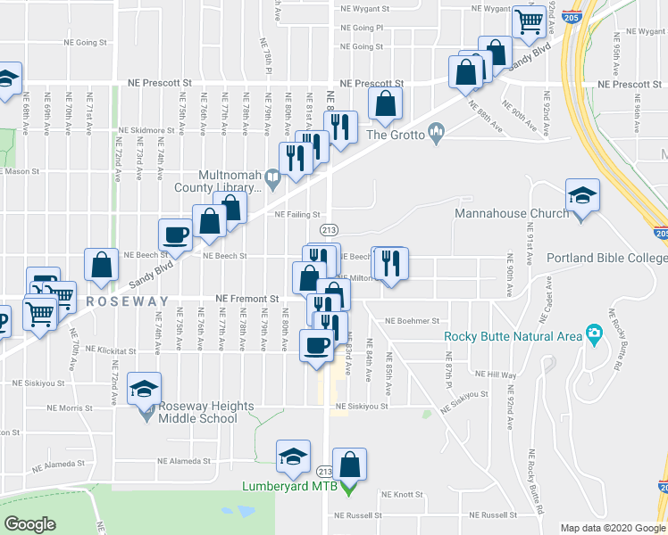 map of restaurants, bars, coffee shops, grocery stores, and more near 3620 Northeast 82nd Avenue in Portland
