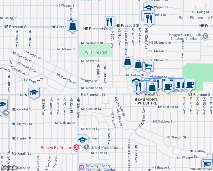 map of restaurants, bars, coffee shops, grocery stores, and more near 3573 Northeast Alameda Street in Portland