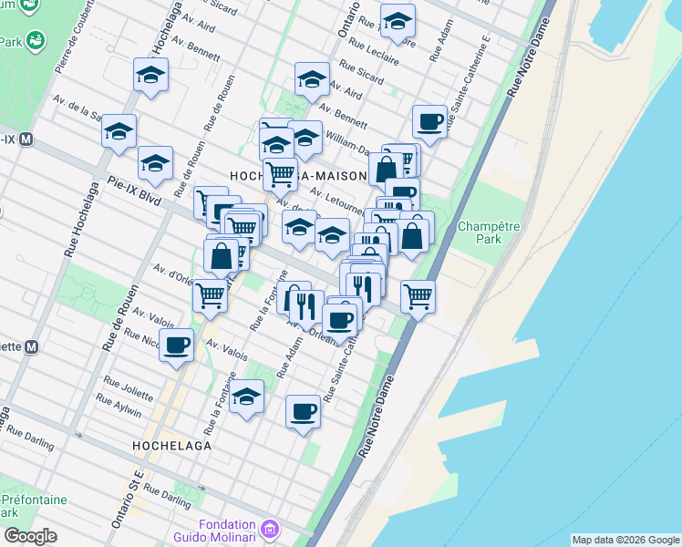 map of restaurants, bars, coffee shops, grocery stores, and more near 4116 Rue Adam in Montréal