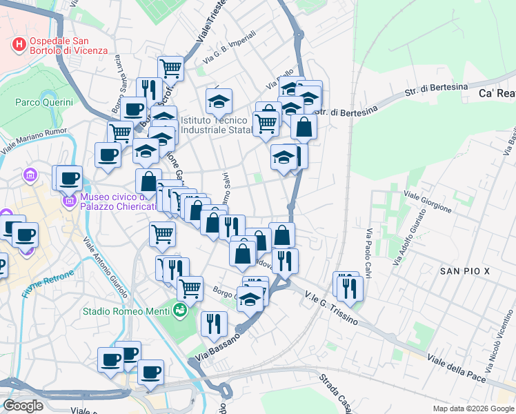 map of restaurants, bars, coffee shops, grocery stores, and more near 15 Via Giuseppe Capparozzo in Vicenza
