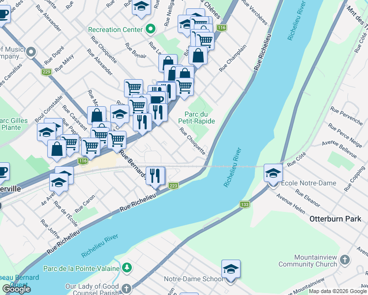 map of restaurants, bars, coffee shops, grocery stores, and more near 111 Rue Corinne in Beloeil