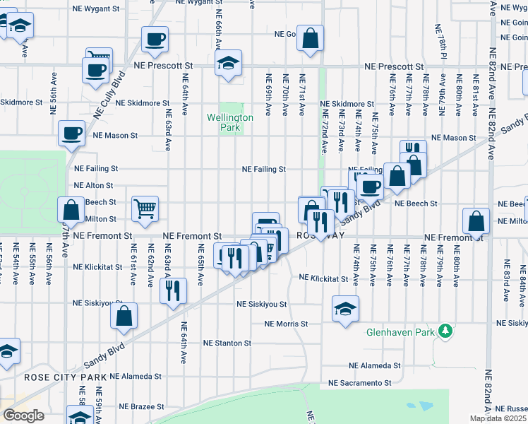 map of restaurants, bars, coffee shops, grocery stores, and more near 3625 Northeast 69th Avenue in Portland
