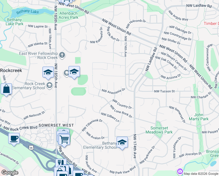 map of restaurants, bars, coffee shops, grocery stores, and more near 4064 Northwest 176th Avenue in Portland