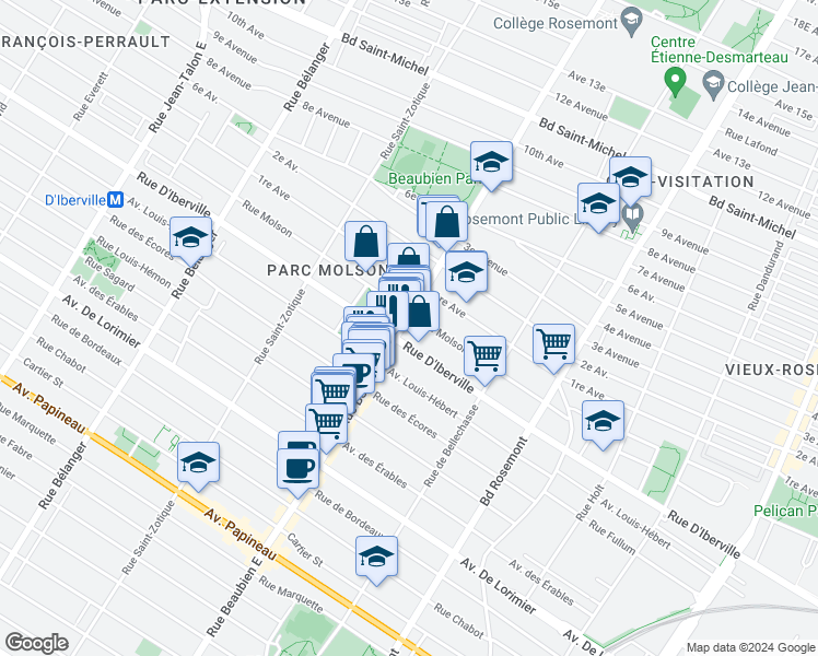 map of restaurants, bars, coffee shops, grocery stores, and more near 2528 Rue Beaubien Est in Montréal