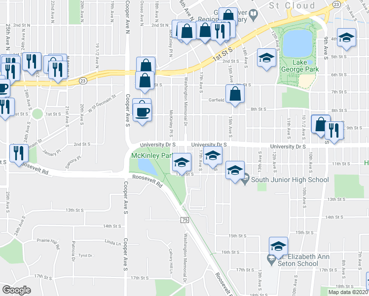 map of restaurants, bars, coffee shops, grocery stores, and more near 1011 Washington Memorial Drive in Saint Cloud
