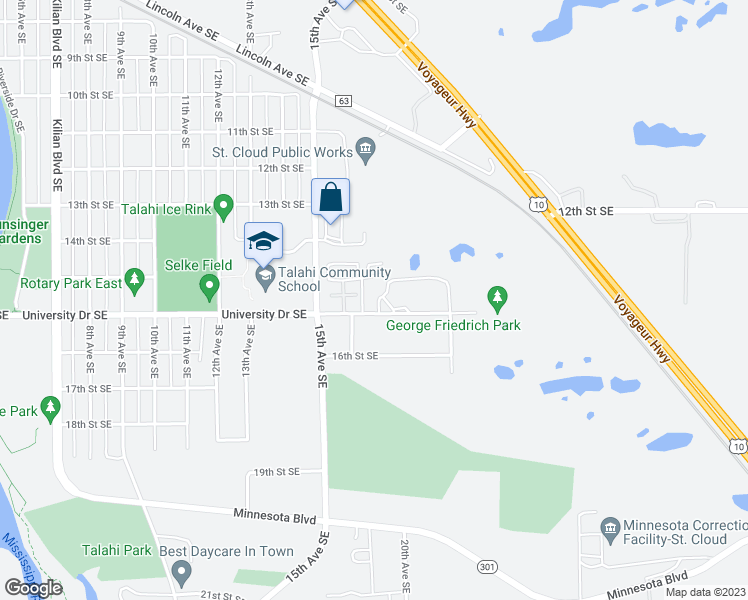 map of restaurants, bars, coffee shops, grocery stores, and more near 1703 University Drive Southeast in St. Cloud