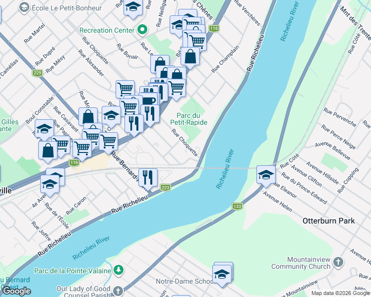 map of restaurants, bars, coffee shops, grocery stores, and more near 84 Rue Choquette in Beloeil