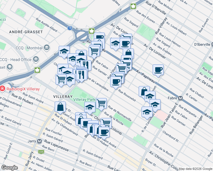 map of restaurants, bars, coffee shops, grocery stores, and more near 1400 Rue Tillemont in Montréal