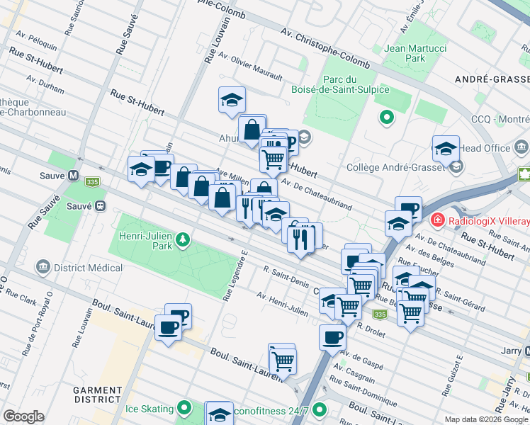 map of restaurants, bars, coffee shops, grocery stores, and more near 634 Rue Legendre Est in Montréal