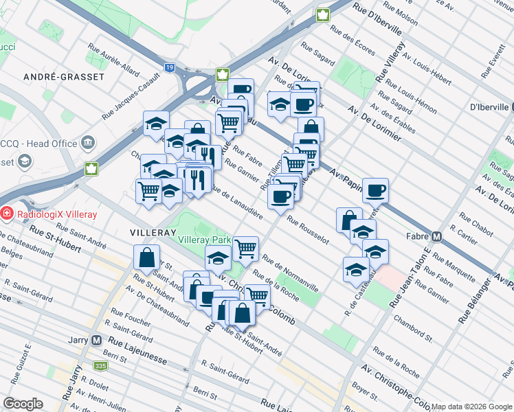 map of restaurants, bars, coffee shops, grocery stores, and more near 1400 Rue Tillemont in Montréal