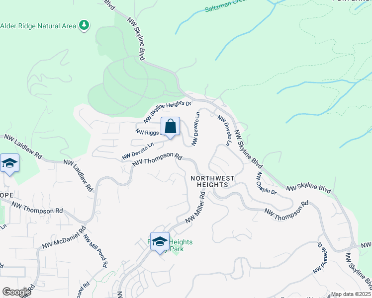 map of restaurants, bars, coffee shops, grocery stores, and more near 3921 Northwest Devoto Lane in Portland