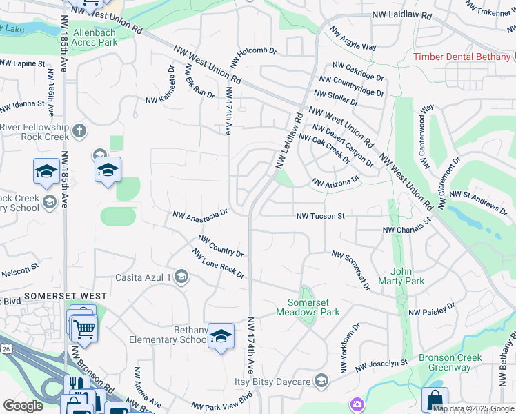 map of restaurants, bars, coffee shops, grocery stores, and more near 4075 Northwest Scottsdale Drive in Beaverton