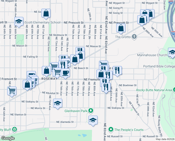 map of restaurants, bars, coffee shops, grocery stores, and more near 3608 Northeast 79th Avenue in Portland