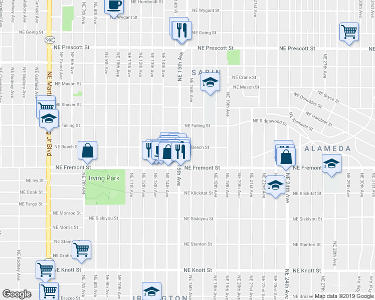 map of restaurants, bars, coffee shops, grocery stores, and more near 3616 Northeast 16th Avenue in Portland