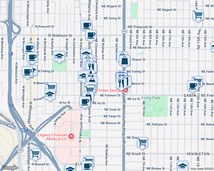 map of restaurants, bars, coffee shops, grocery stores, and more near 3605 Northeast Mallory Avenue in Portland