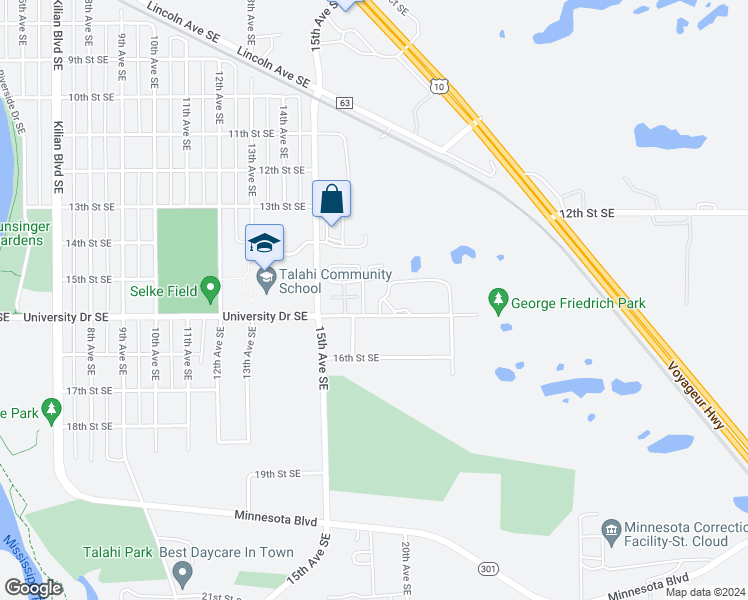 map of restaurants, bars, coffee shops, grocery stores, and more near 1703 University Drive Southeast in St. Cloud