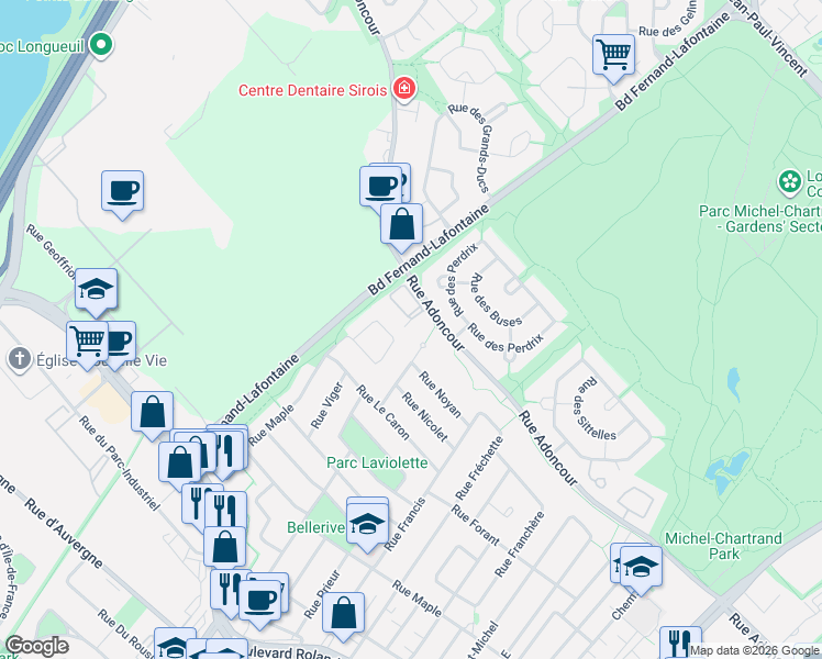 map of restaurants, bars, coffee shops, grocery stores, and more near 1432 Rue Adoncour in Longueuil