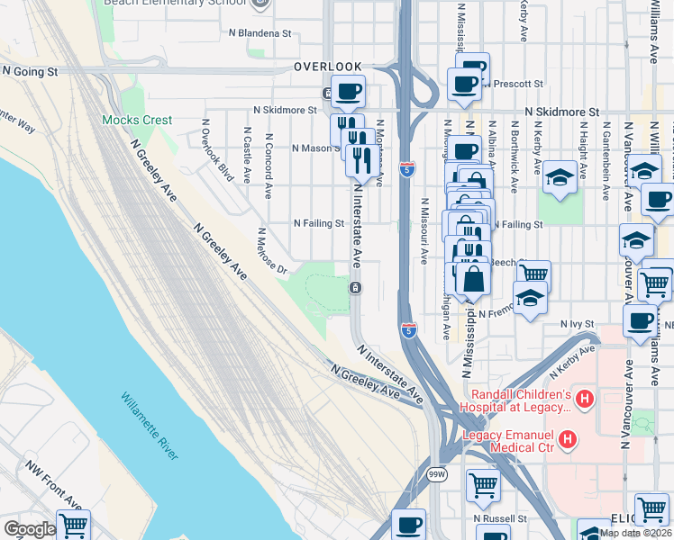 map of restaurants, bars, coffee shops, grocery stores, and more near 3705 North Overlook Boulevard in Portland