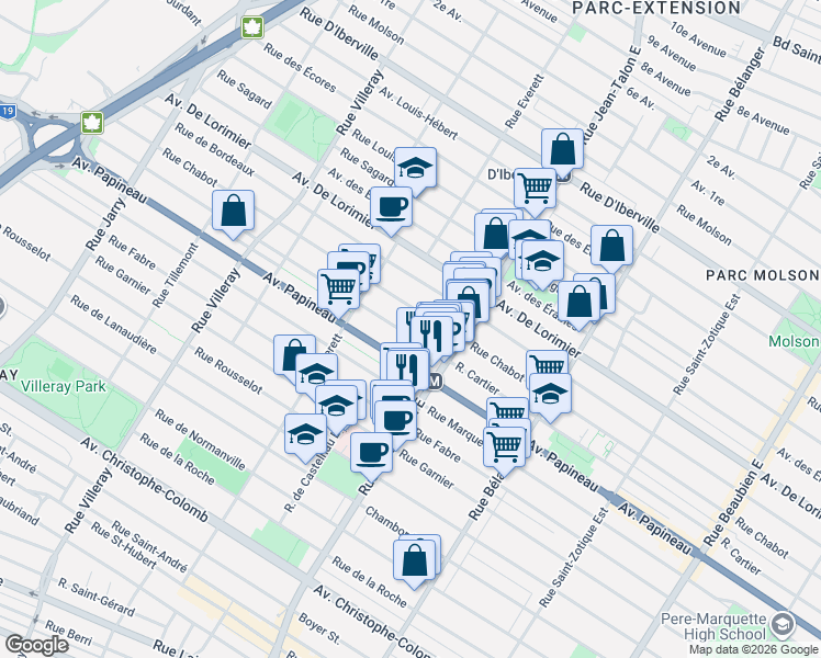map of restaurants, bars, coffee shops, grocery stores, and more near 7265 Rue Cartier in Montréal