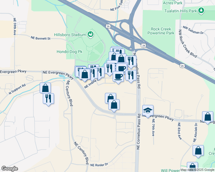 map of restaurants, bars, coffee shops, grocery stores, and more near 21990 Northwest Imbrie Drive in Hillsboro