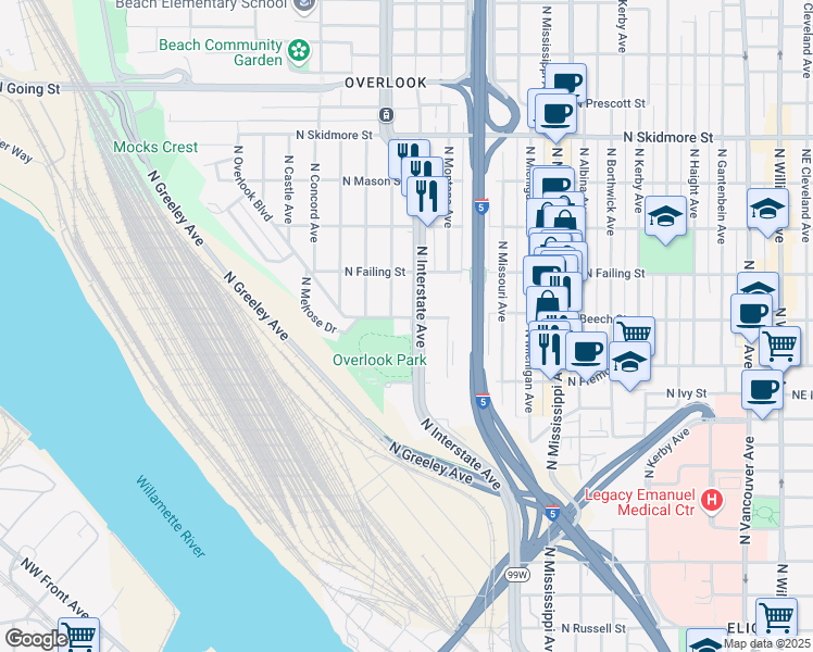 map of restaurants, bars, coffee shops, grocery stores, and more near 3715 North Interstate Avenue in Portland