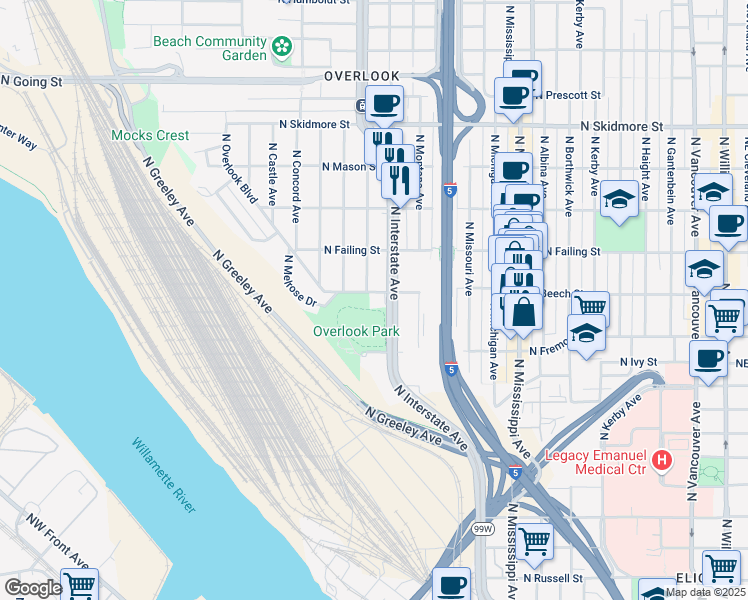 map of restaurants, bars, coffee shops, grocery stores, and more near 3705 North Overlook Boulevard in Portland