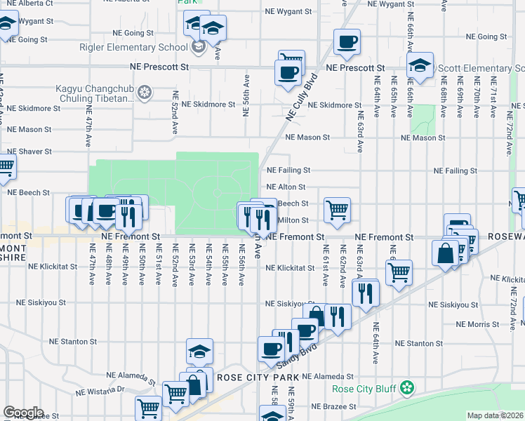 map of restaurants, bars, coffee shops, grocery stores, and more near 3644 Northeast 57th Avenue in Portland