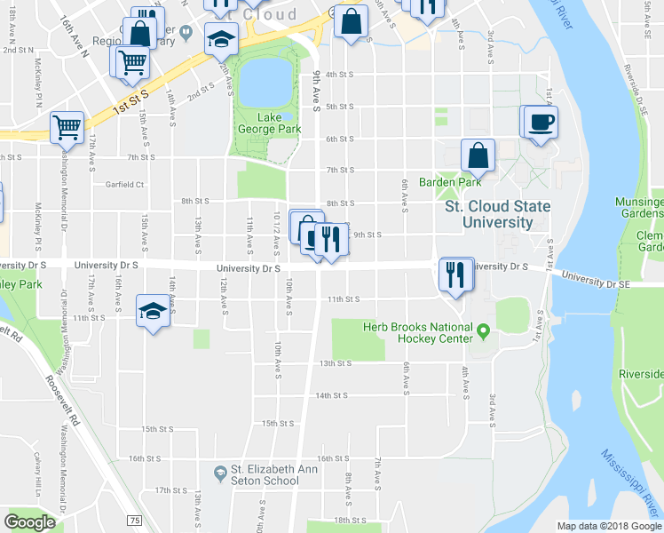 map of restaurants, bars, coffee shops, grocery stores, and more near 850 University Dr S in St Cloud