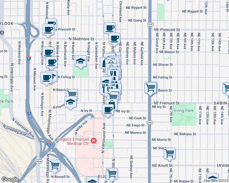 map of restaurants, bars, coffee shops, grocery stores, and more near 3632 North Williams Avenue in Portland