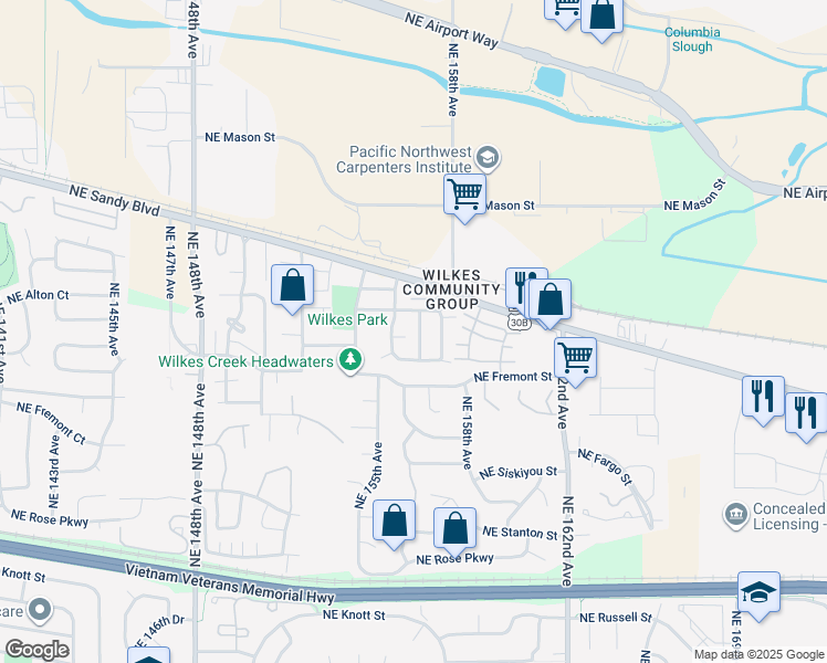 map of restaurants, bars, coffee shops, grocery stores, and more near 3625 Northeast 157th Avenue in Portland