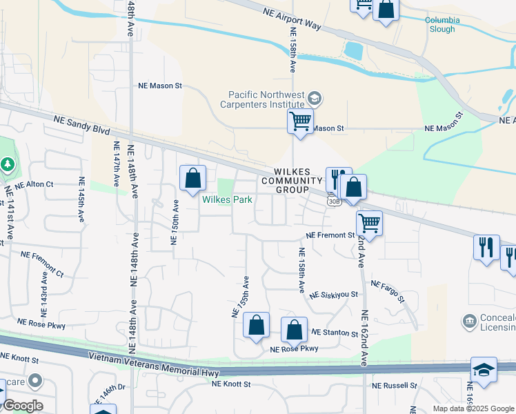map of restaurants, bars, coffee shops, grocery stores, and more near 15624 Northeast River View Lane in Portland