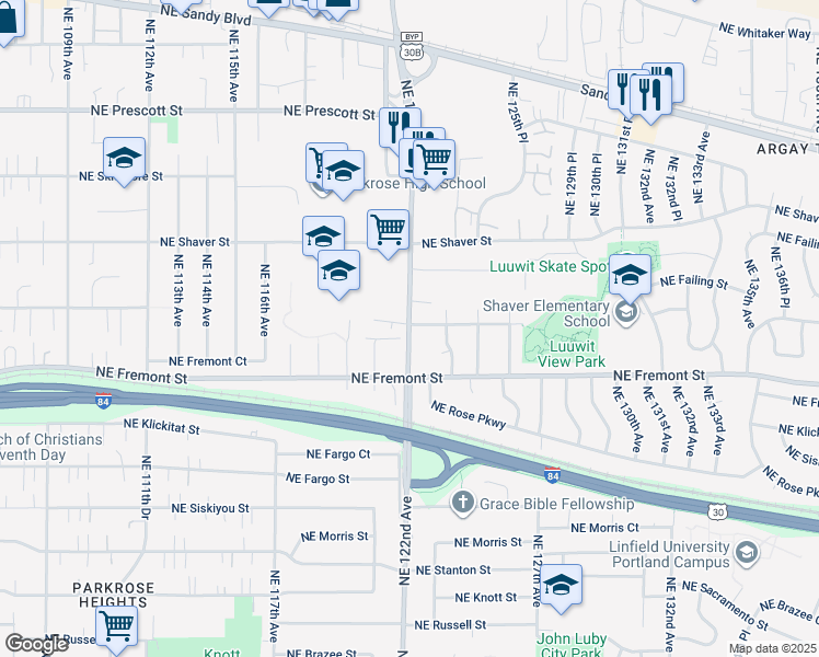 map of restaurants, bars, coffee shops, grocery stores, and more near 3571-3573 Northeast 122nd Avenue in Portland