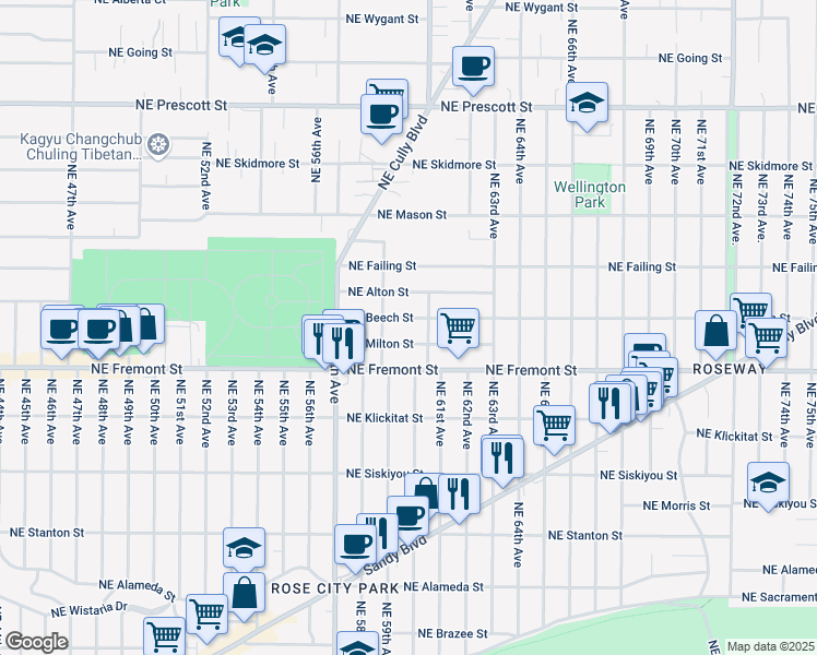 map of restaurants, bars, coffee shops, grocery stores, and more near 6021 Northeast Milton Street in Portland