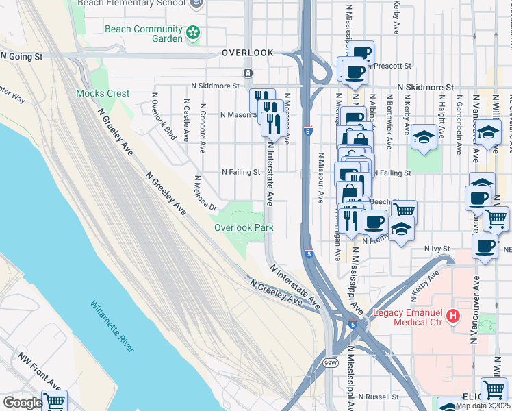 map of restaurants, bars, coffee shops, grocery stores, and more near 3705 North Overlook Boulevard in Portland