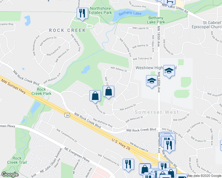 map of restaurants, bars, coffee shops, grocery stores, and more near 4045 Northwest 190th Avenue in Portland
