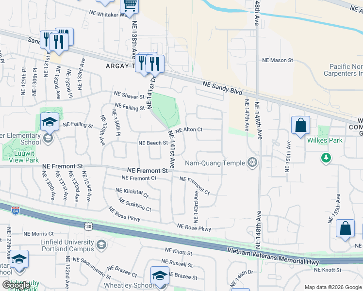 map of restaurants, bars, coffee shops, grocery stores, and more near 3601 Northeast 142nd Avenue in Portland