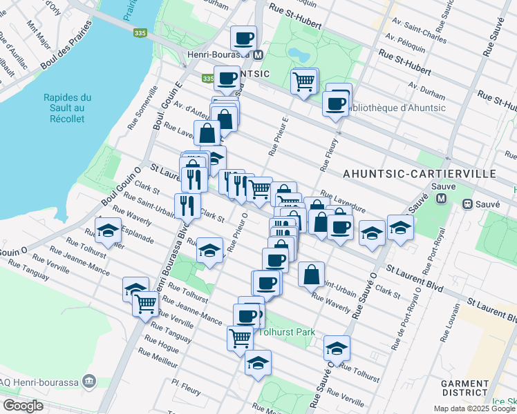map of restaurants, bars, coffee shops, grocery stores, and more near 10485 Boulevard Saint-Laurent in Montréal
