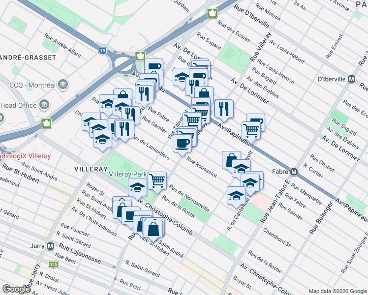 map of restaurants, bars, coffee shops, grocery stores, and more near 1395 Rue Villeray in Montréal