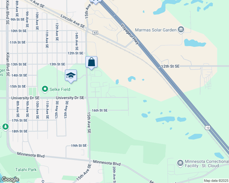 map of restaurants, bars, coffee shops, grocery stores, and more near 1717 University Drive Southeast in St. Cloud