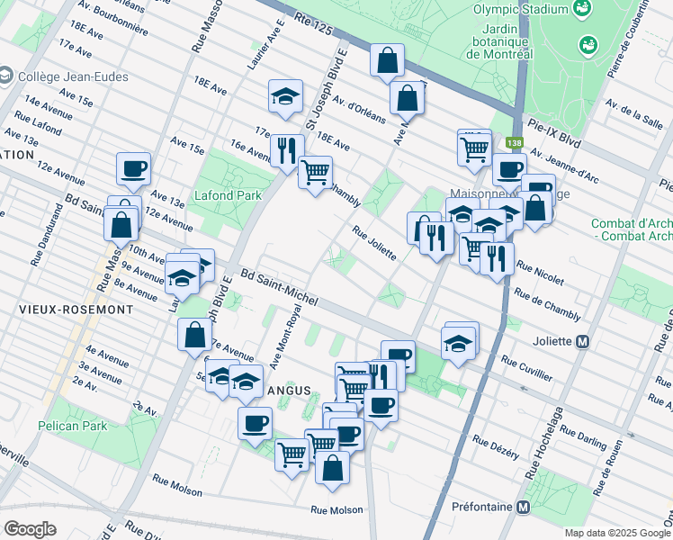 map of restaurants, bars, coffee shops, grocery stores, and more near Rue Ernest Gendreau in Montréal