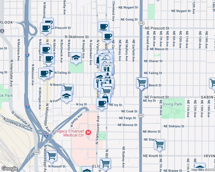 map of restaurants, bars, coffee shops, grocery stores, and more near 3632 North Williams Avenue in Portland