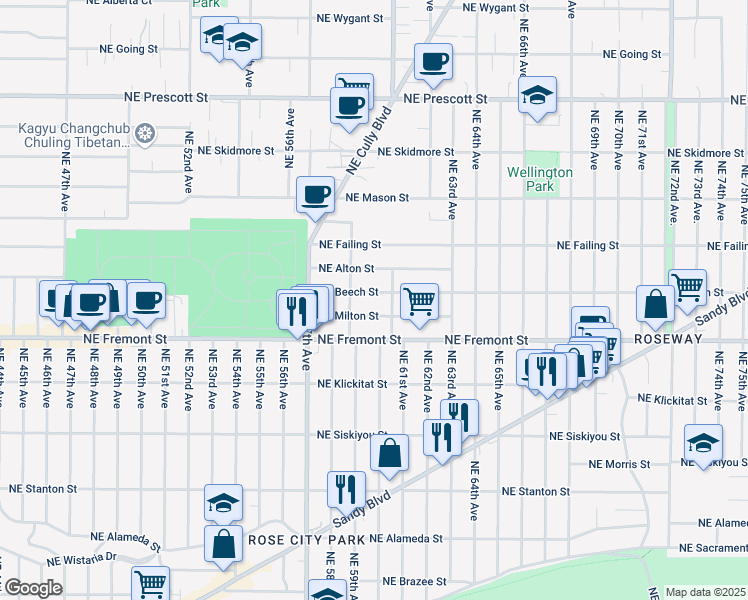 map of restaurants, bars, coffee shops, grocery stores, and more near 6021 Northeast Milton Street in Portland